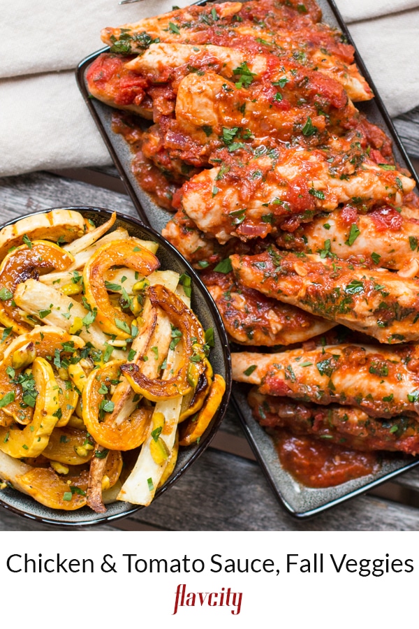 Chicken tomato sauce and delicata squash