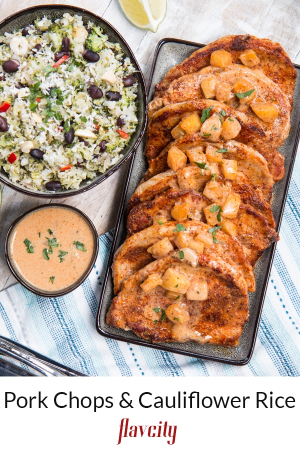 Pastor Pork Chops with Riced Cauliflower and Broccoli