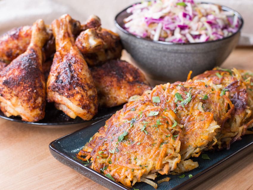 chicken meal prep with potato pancakes