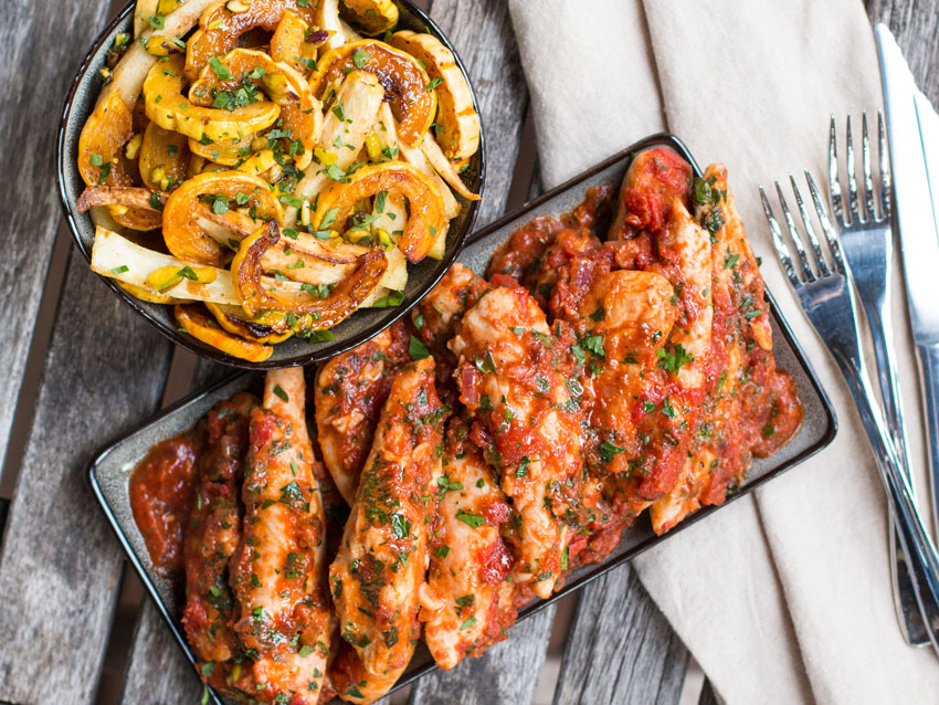 Chicken with tomato sauce and delicata squash and parsnips
