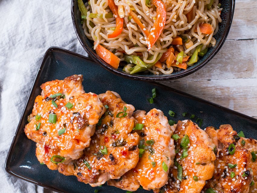 salmon cakes and stir fry