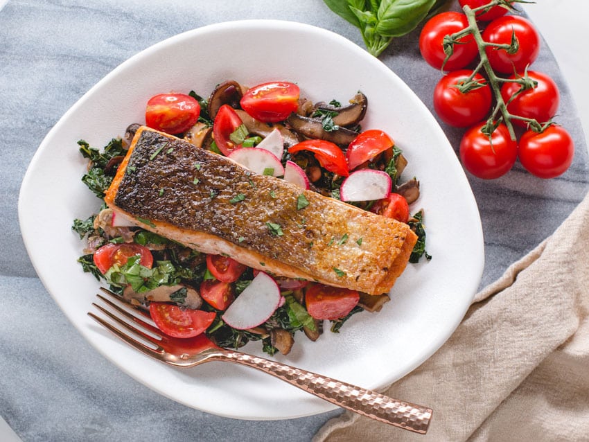 Easy low carb recipe for the best crispy skin salmon and veggies. 