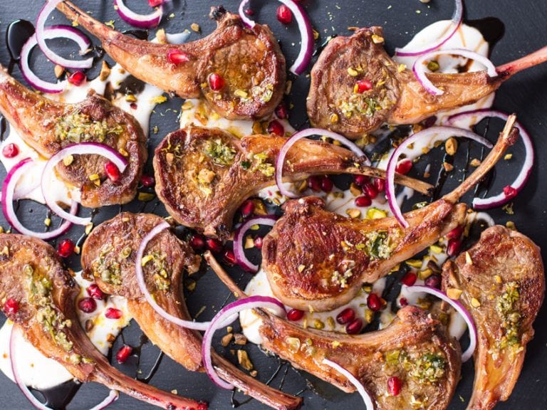 Crusty Aussie Lamb Chops with Pomegranate Yogurt Sauce FlavCity