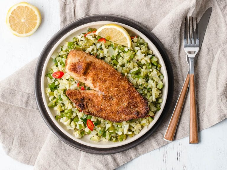 Almond Flour & Cheese Crusted Tilapia Low Carb Veggie Couscous