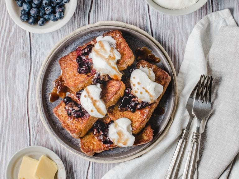 Keto French Toast Sugar Free Maple Syrup and Blueberry Sauce