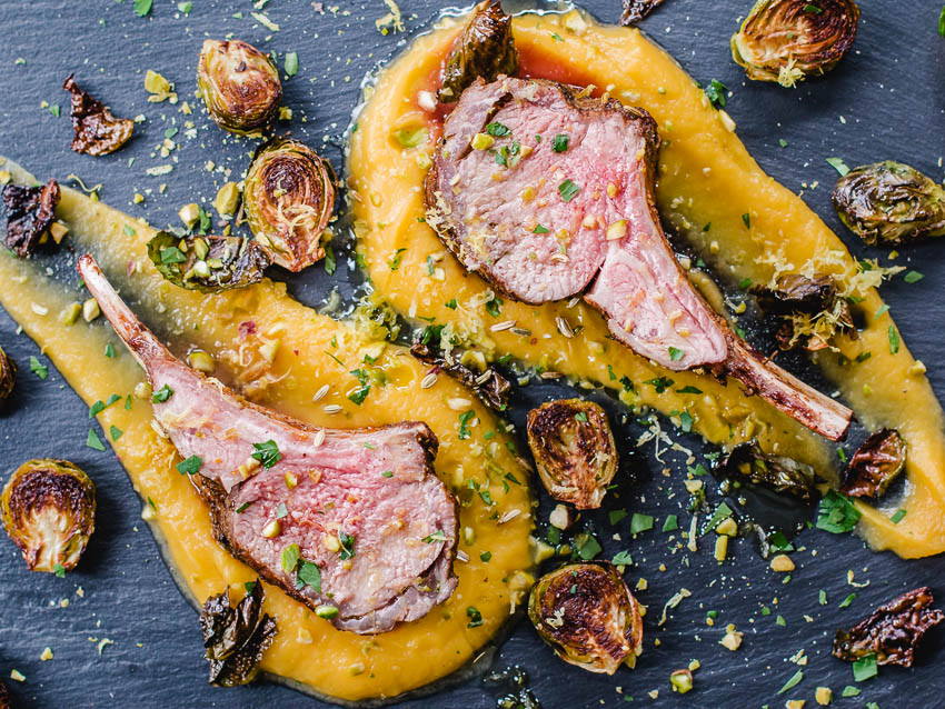 Easy rack of lamb recipe served with butternut squash puree. 