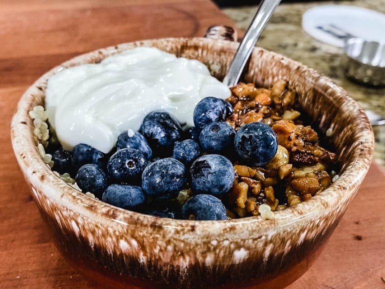 Quinoa Breakfast Bowl Homemade Granola, Chia Seeds, & Yogurt