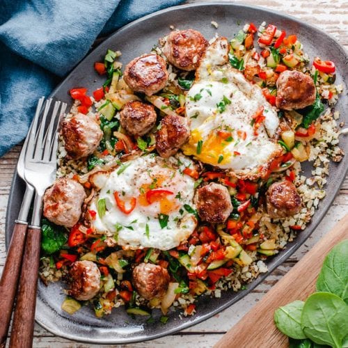 Keto Breakfast Scramble Mini Meatballs Cauliflower Hash Eggs