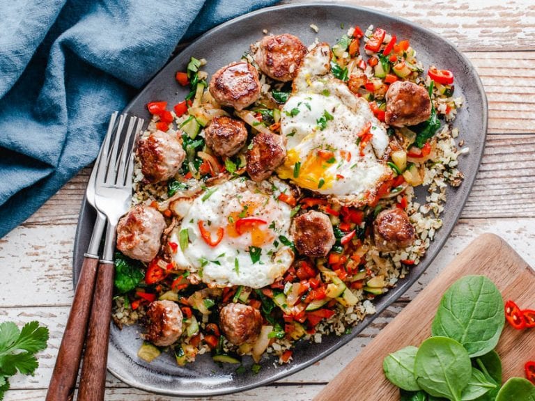 Keto Breakfast Scramble Mini Meatballs, Cauliflower Hash, & Eggs