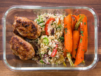 healthy meal prep recipes: glazed carrots with couscous salad and ground turkey
